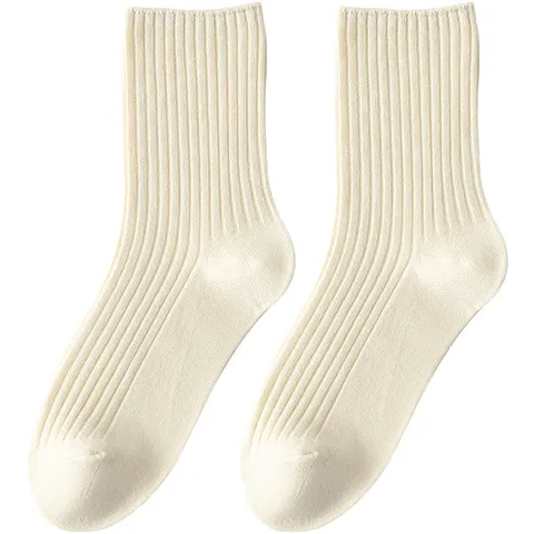 Women's Casual Pure Cotton Crew Socks Spring Autumn Breathable Solid Color Ribbed Comfortable Soft Daily Wear Hosiery