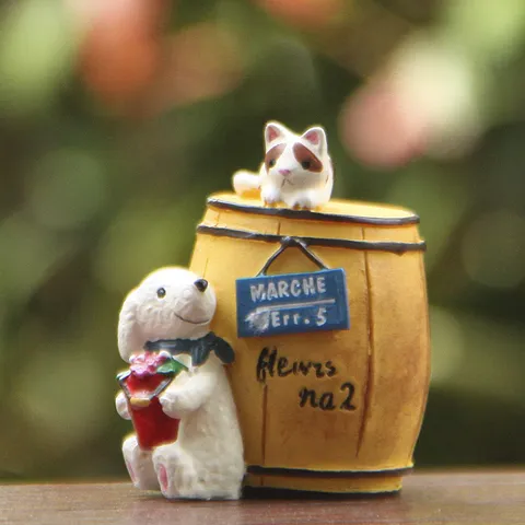 Pastoral Resin Cartoon Dog Cat Wine Barrel Miniature Figurine Succulent Moss Micro Landscape Garden Plant Pot Decoration Photography Props Ornaments