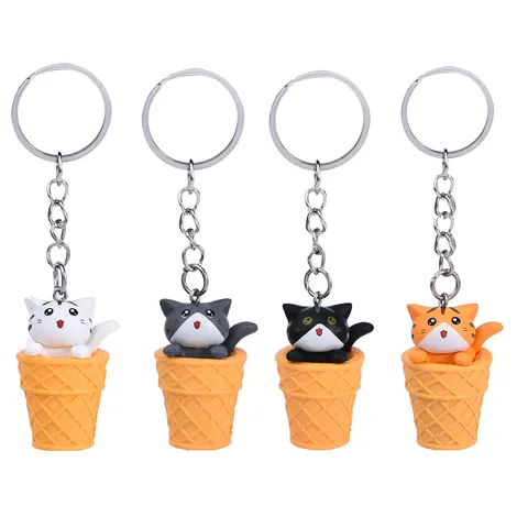 Cute Cartoon Cat Ice Cream Cone Keychain Resin Animal Bag Charm Car Key Ring Pendant Fashion Jewelry Gift