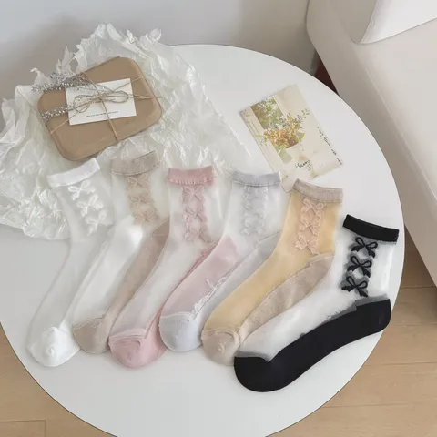 Damen Japanischer Stil Transparente Dünne Wadenlange Socken Süße Schleife Transparente Baumwollsohle Mode