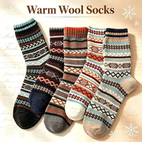 Men Winter Warm Wool Blend Crew Socks Retro Geometric Striped Thermal Socks