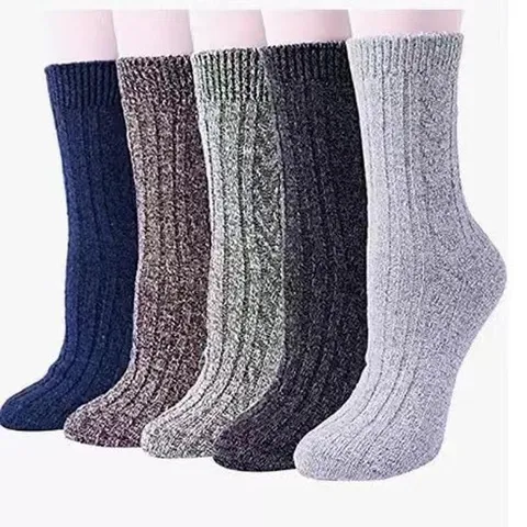 Men Winter Warm Wool Blend Crew Socks Retro Geometric Striped Thermal Socks