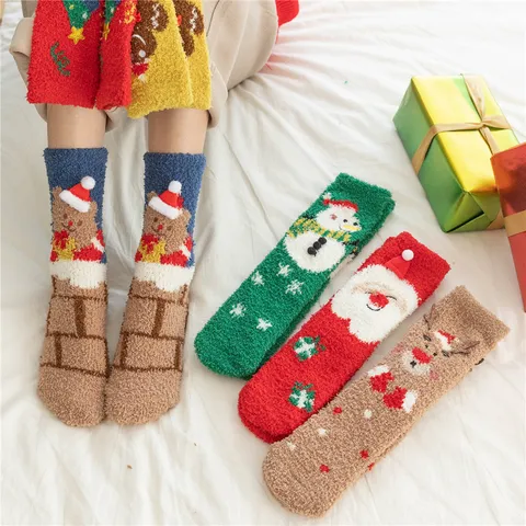 Chaussettes de Sommeil en Polaire Corail de Noël Femmes Chaussettes de Sol d'Hiver Chaudes Épaissies Mignonnes Chaussettes de Maison Jacquard de Dessin Animé Cadeau
