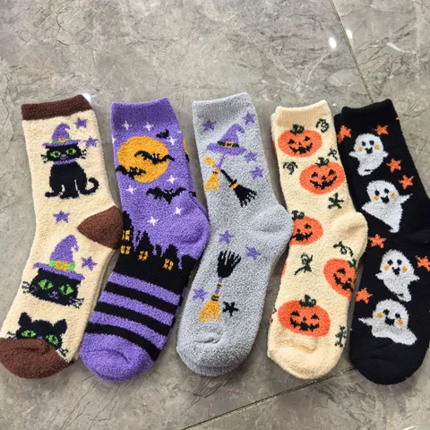 Halloween Double-Sided Fleece Sleeping Socks Pumpkin Bat Ghost Plush Thick Warm Home Floor Socks For Women