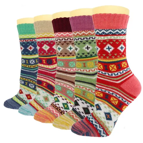 Winter Warme Wollsocken 5 Paar Set Herren Damen Ethno Nordisch Gestrickt Dicke Thermische Kaninchenhaarmischung Socken