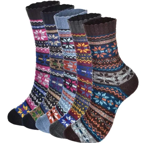 Winter Warme Wollsocken 5 Paar Set Herren Damen Ethno Nordisch Gestrickt Dicke Thermische Kaninchenhaarmischung Socken