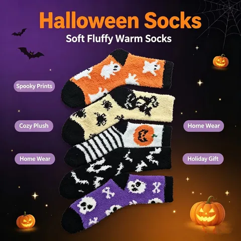 Calze da Notte in Pile Corallo di Halloween Carino Zucca Pipistrello Fantasma Termico Caldo Inverno Morbido Soffice Calzini da Pavimento per Donna