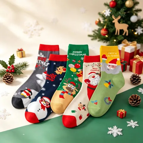 Weihnachten Cartoon Elch Weihnachtsmann Wadenlange Socken Rot Grün Spleißen Lässige Baumwollmischung Wintersocken Für Damen