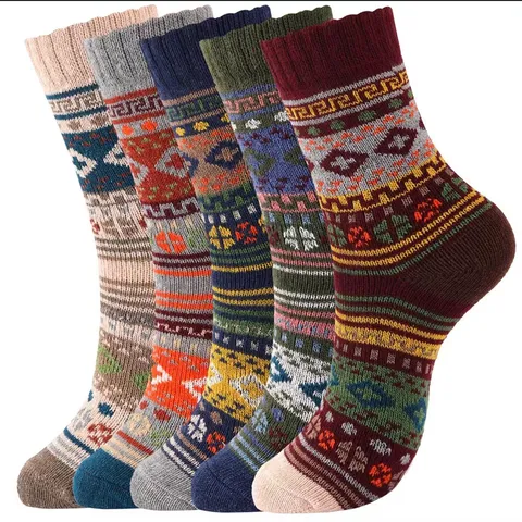 Unisex Winter Thick Warm Socks Set Ethnic Geometric Pattern Mid-calf Polyester Terry Socks For Men Women Casual Home Socks