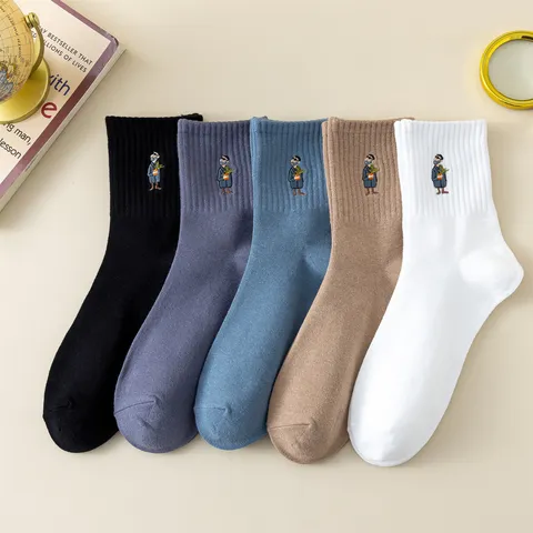 Chaussettes Mi-Hautes en Coton pour Hommes Décontractées Absorbant la Sueur Respirantes Couleur Unie Jacquard
