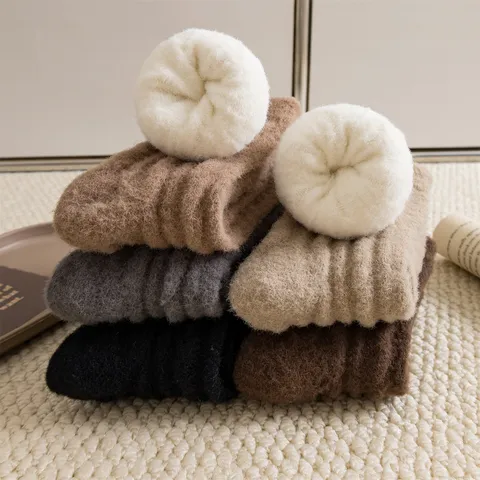 Damen Winter Verdickte Nylon Thermosocken Fleece Gefüttert Einfarbig Bequem Hohe Elastizität Freizeit Kaltes Wetter Fußbekleidung