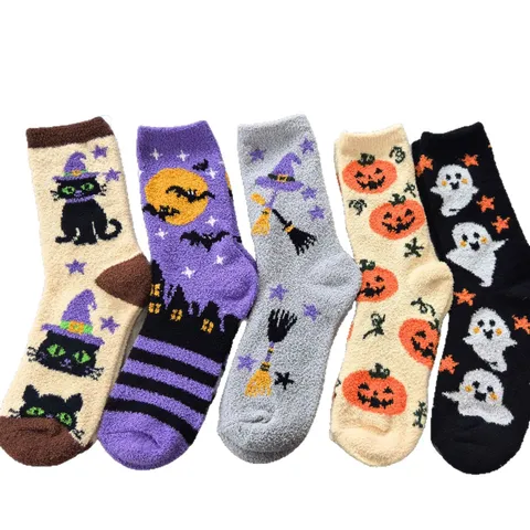 Halloween Double-Sided Fleece Sleeping Socks Pumpkin Bat Ghost Plush Thick Warm Home Floor Socks For Women