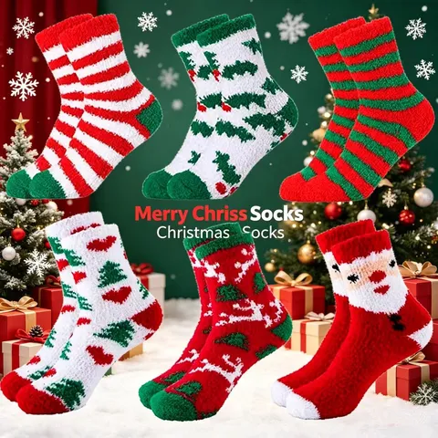 Christmas Coral Fleece Socks For Women Kids Winter Warm Fluffy Slipper Socks Cute Cartoon Deer Santa Claus Sleep Socks