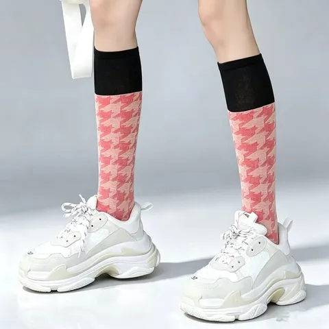 Women's Japanese JK Style Over The Knee Houndstooth Long Socks Cotton Blend Breathable High Tube Stockings