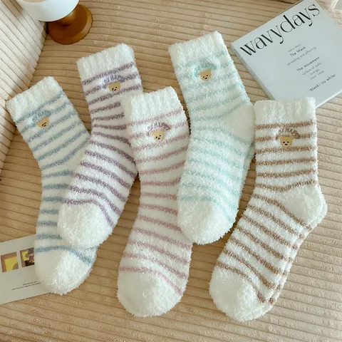 Women's Thickened Coral Fleece Sleep Socks Winter Warm Cartoon Bear Striped Cozy Floor Socks