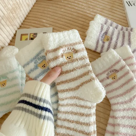 Women's Thickened Coral Fleece Sleep Socks Winter Warm Cartoon Bear Striped Cozy Floor Socks