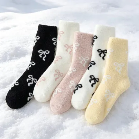 Calcetines de Dormir de Invierno Cálidos y Gruesos para Mujer Lazo de Peluche Térmico
