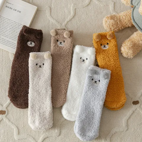 Women Thickened Coral Fleece Sleep Socks Cute Bear Ears Warm Winter Home Floor Socks Fluffy Fuzzy Cozy Sleeping Socks
