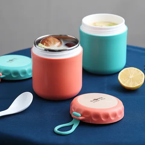 Portable Insulated Soup Cup With Silicone Handle Solid Color Leakproof Thermal Breakfast Food Jar For School Office Outdoor
