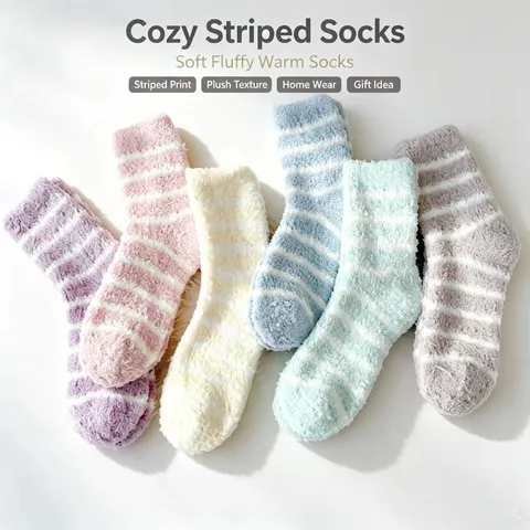 Women Winter Thickened Coral Fleece Striped Sleep Socks Soft Warm Cozy Mid Calf Hosiery For Home Daily Wear