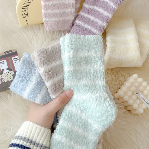 Women Winter Thickened Coral Fleece Striped Sleep Socks Soft Warm Cozy Mid Calf Hosiery For Home Daily Wear