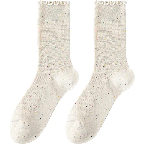 Calze a Metà Polpaccio Estive da Donna Filato Melange Traspirante Maglia Assorbi-Sudore Cotone Bordo in Pizzo Casual