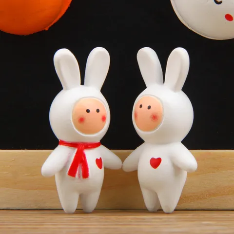 Miniature Rabbit PVC Figurine DIY Micro Landscape Ornament Cute Bunny Statue With Scarf Heart For Fairy Garden Home Decor