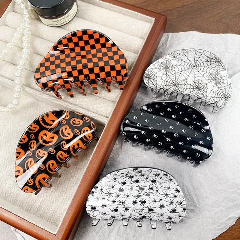 Halloween Acryl Haarkralle Kürbis Totenkopf Spinnennetz Muster Große Shark Clip Für Damen Mädchen Mode Haarschmuck
