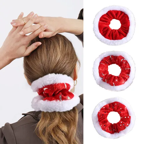 Noël Gros Chouchous en Velours Peluche Fausse Fourrure Élastiques Cheveux Paillettes Flocon de Neige Étoile Lune Accessoires Cheveux Femmes