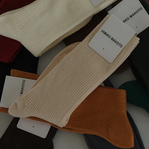 Unisex Solid Color Crew Socks Japanese Harajuku Style Double-Needle Cotton Stockings Casual Daily Wear Comfortable Hosiery