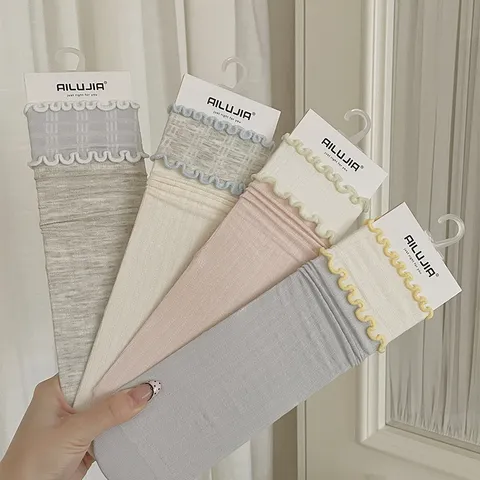 Chaussettes Mid-Calf Style Doux pour Femmes Couleur Unie Bord Volanté Mélange de Coton Respirant Décontracté Quotidien Hoiserie