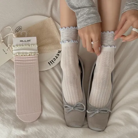 Chaussettes Mid-Calf Style Doux pour Femmes Couleur Unie Bord Volanté Mélange de Coton Respirant Décontracté Quotidien Hoiserie