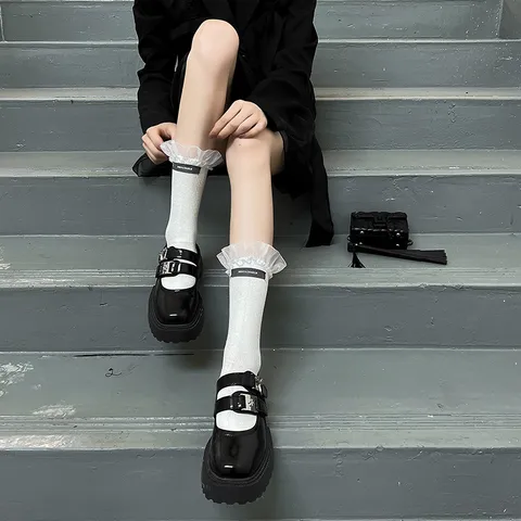 Women Cute Sweet Japanese Style JK Mid Tube Cotton Socks With Big Lace Bowknot Ruffle Fashion Hosiery Daily Casual Socks