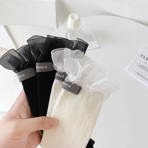 Women Cute Sweet Japanese Style JK Mid Tube Cotton Socks With Big Lace Bowknot Ruffle Fashion Hosiery Daily Casual Socks