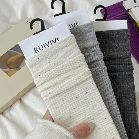 Chaussettes Crew en Mélange de Coton Décontractées pour Femmes Couleur Unie Rayures Verticales Fil Moucheté