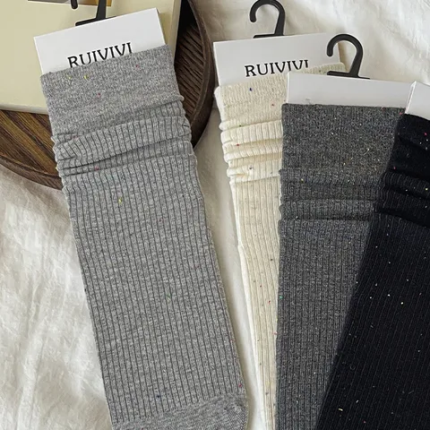 Chaussettes Crew en Mélange de Coton Décontractées pour Femmes Couleur Unie Rayures Verticales Fil Moucheté