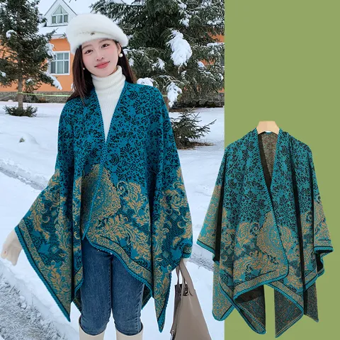 Damen Winter Warm Imitat Kaschmir Schal Retro Ethno Jacquard Umhang Schal Oversize Wendbar Fransen Oberbekleidung Tuch