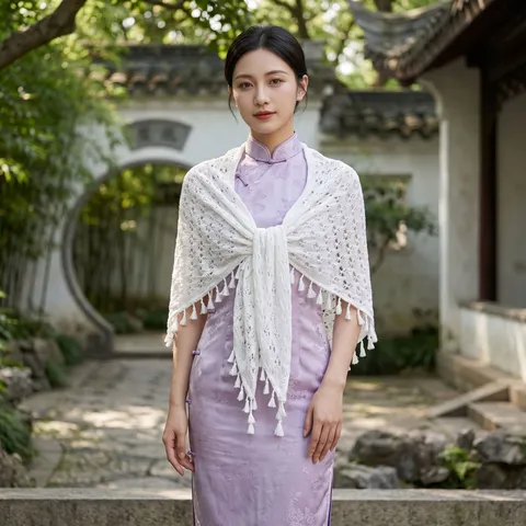 Chal de Punto Calado con Borlas para Mujer Estilo Chino Nuevo Abrigo para Cheongsam Capa Bufanda Triángulo Elegante Verano Poncho