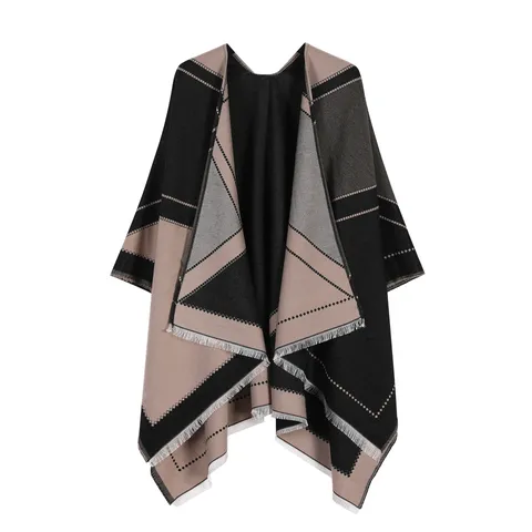 Fashion Geometric Color Block Split Poncho Shawl For Women Elegant Warm Polyester Tassel Fringe Knit Cape Wrap Blanket