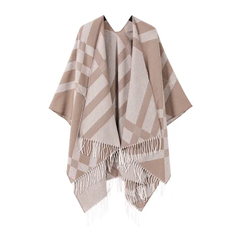 Women Vintage Plaid Shawl Poncho With Tassel Soft Polyester Warm Cape Outerwear For Winter Travel Autumn Fashion Blanket Scarf