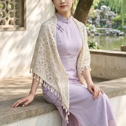 Chal de Punto Calado con Borlas para Mujer Estilo Chino Nuevo Abrigo para Cheongsam Capa Bufanda Triángulo Elegante Verano Poncho