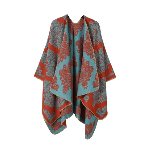 Capa Chal de Imitación Cashmere con Patrón Étnico Retro para Mujer Invierno Cálido Cardigan Frente Abierto Manta Poncho