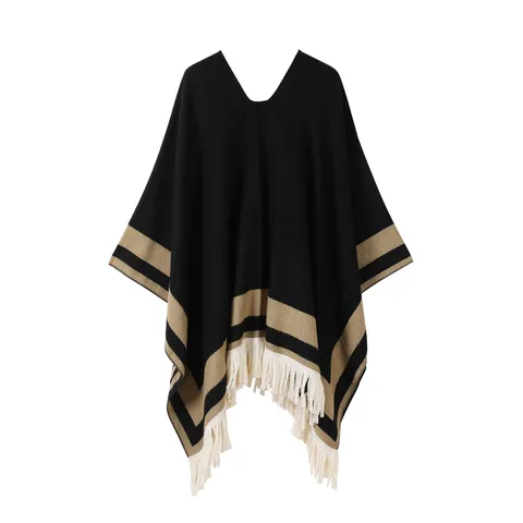 Women Autumn Winter Casual Striped Faux Cashmere Shawl Pullover Thickened Cape Fashion Travel Tassel Poncho