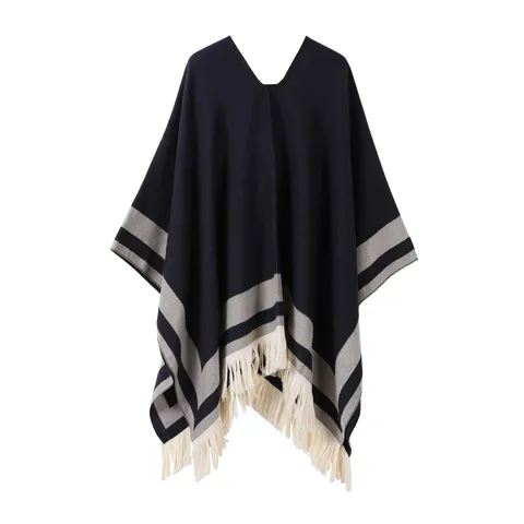 Women Autumn Winter Casual Striped Faux Cashmere Shawl Pullover Thickened Cape Fashion Travel Tassel Poncho