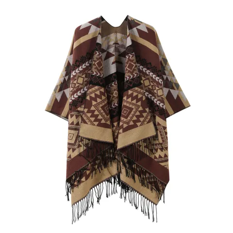 Retro Ethnic Geometric Pattern Knitted Shawl Cape Women Winter Warm Faux Cashmere Fringe Outerwear Scarf