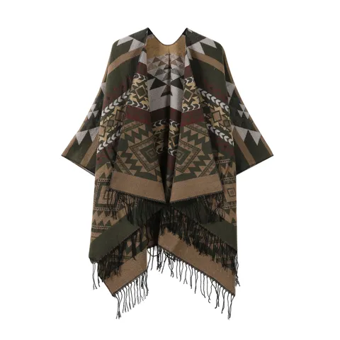 Retro Ethnic Geometric Pattern Knitted Shawl Cape Women Winter Warm Faux Cashmere Fringe Outerwear Scarf