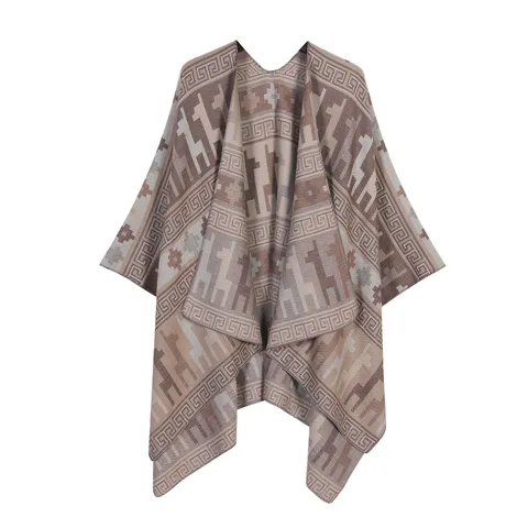 Damen Herbst Winter Verdickter Warm Doppelseitig Gestrickter Schal Cape Retro Geometrischer Farbblock Split Schal Oberbekleidung