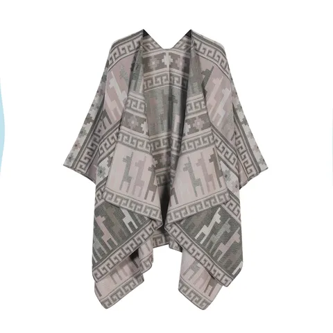 Damen Herbst Winter Verdickter Warm Doppelseitig Gestrickter Schal Cape Retro Geometrischer Farbblock Split Schal Oberbekleidung