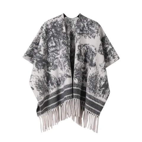 Damen Winter Verdickter Warmer Schal Retro Tuschmalerei Druck Offene Front Fransen Cape Casual Mode Polyester Poncho