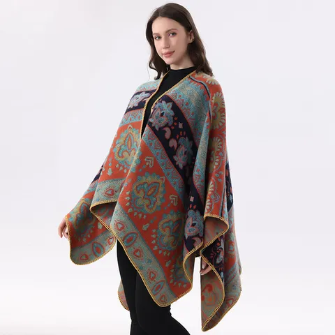 Women's Ethnic Geometric Print Imitation Cashmere Shawl Winter Warm Open Front Poncho Cape Fringe Casual Outerwear Scarf